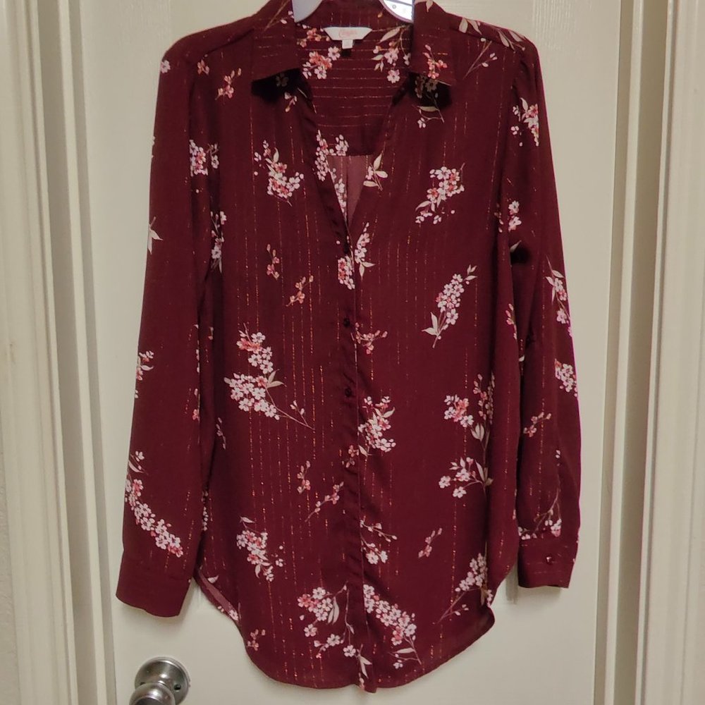 Candie's Shiny Women's Long Sleeve Burgundy White Floral Top Size M